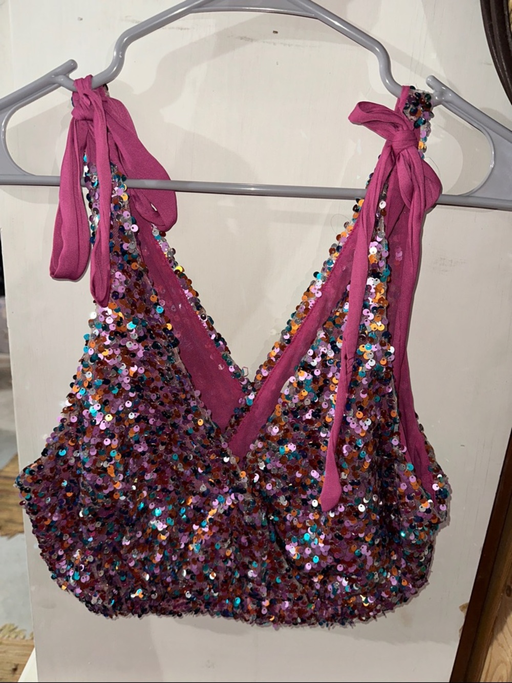 Sequin Tie-Shoulder Crop Top in Fuchsia